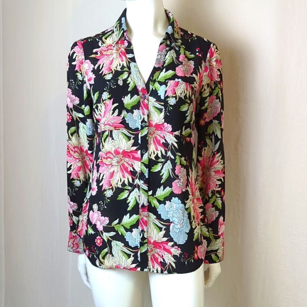 Express Black Print Slim Fit Blouse Size Medium